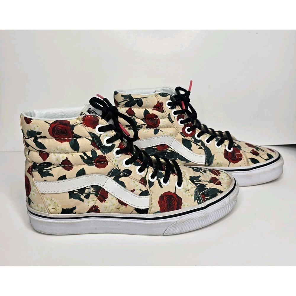 Vans Sk8-Hi High Top Canvas Sneakers Rose Print Shoe Womens Size 6.5 Mens Size 5